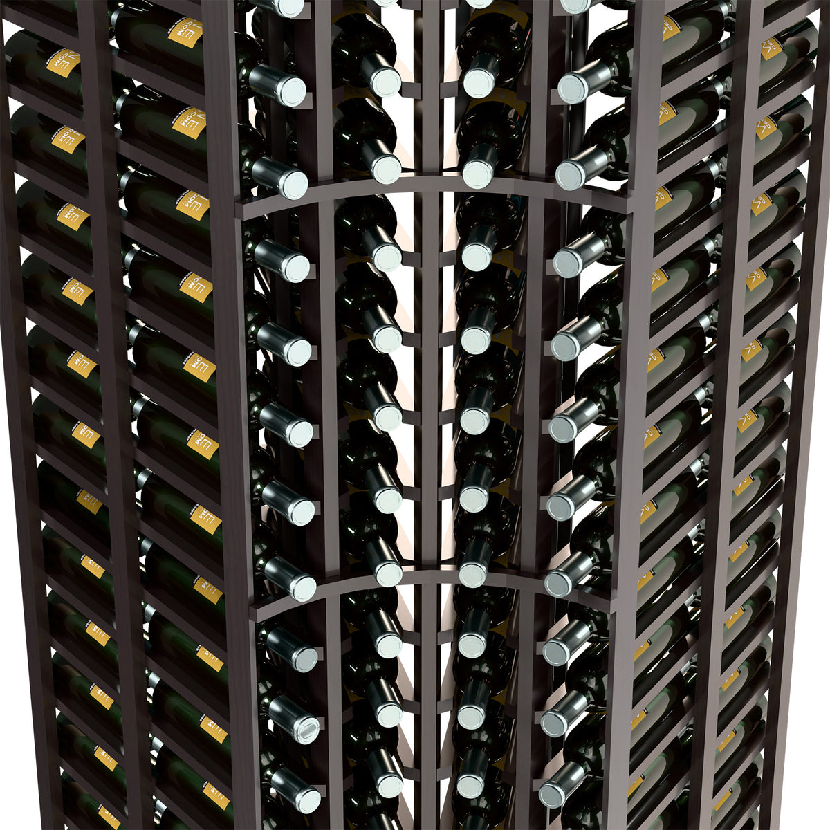 Wine bottle rack interior, dark shelves holding wine bottles in staggered rows.