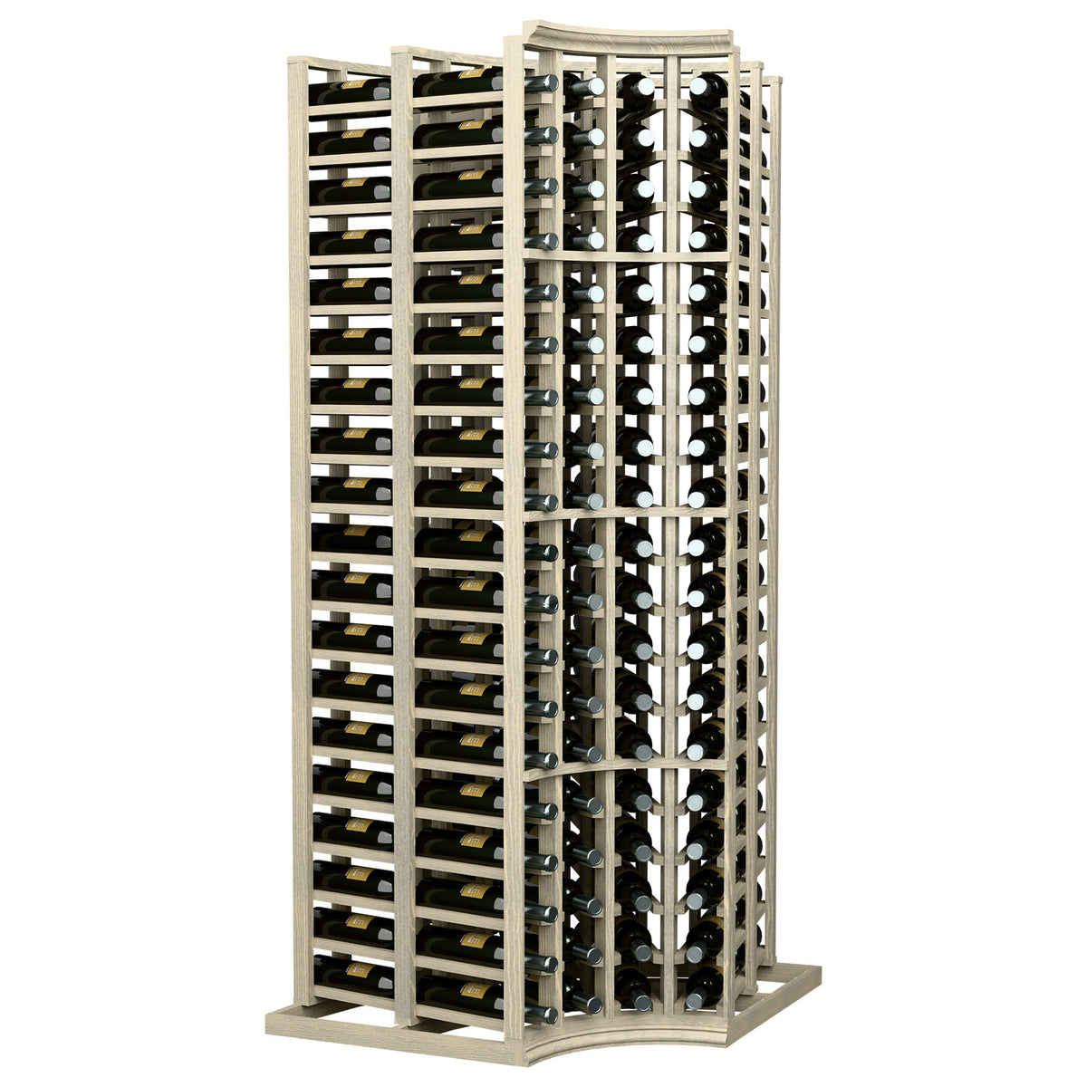 Wine rack with curved corner design and 4-column bottle storage, light wood frame