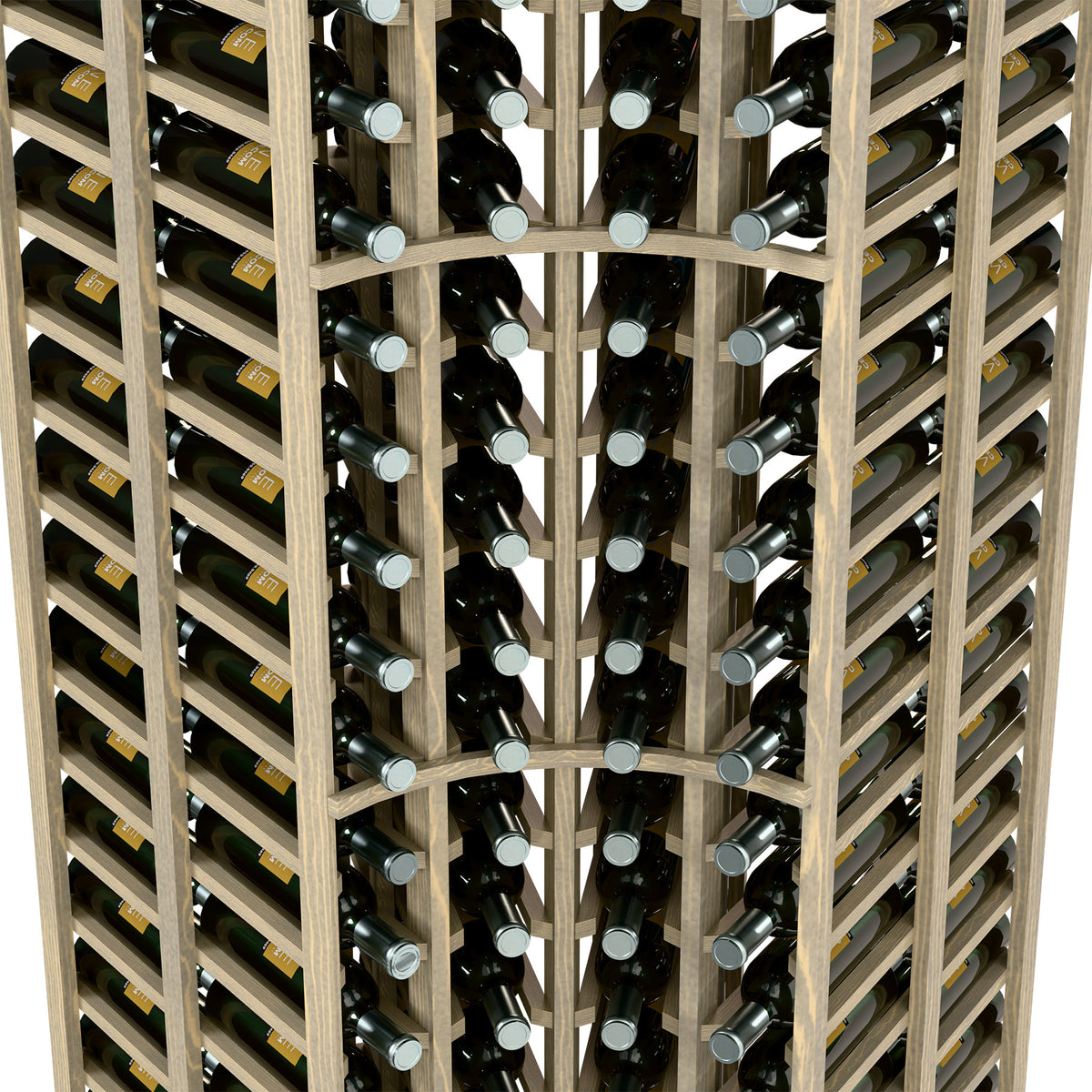 Close-up of wine rack cells holding bottles in 4-column layout, light wood frame