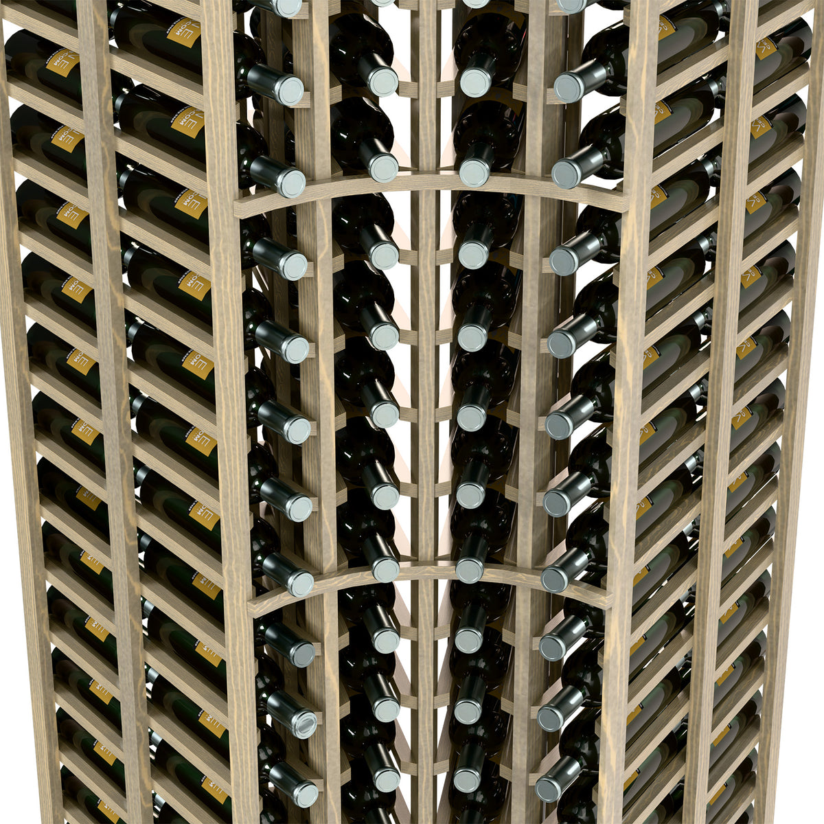 Close-up view of wine rack with bottle rows in 4-column layout, light wood frame