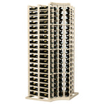 Wine rack with curved corner design and deep 4-column bottle storage, light wood frame