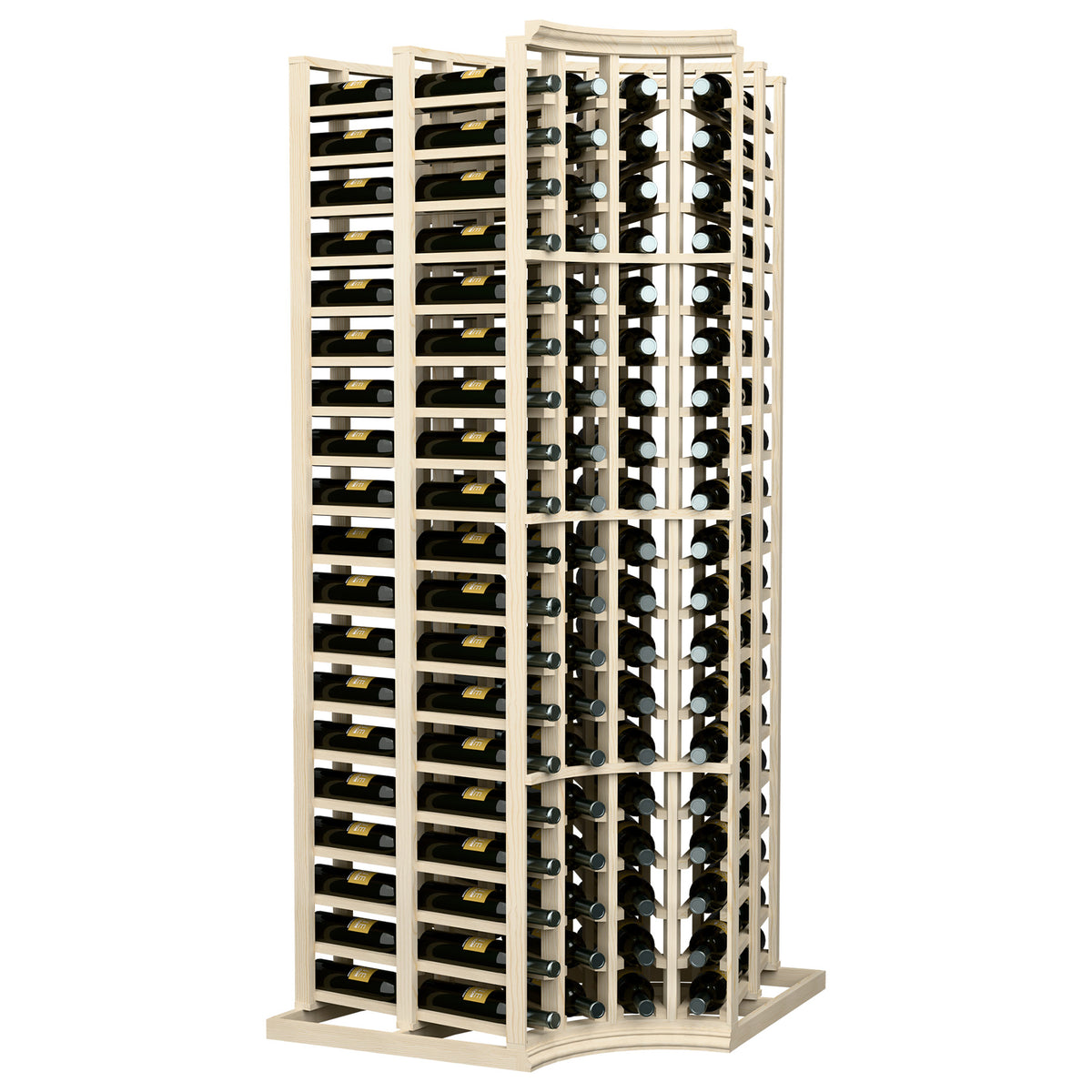 Wine rack with curved corner design and deep 4-column bottle storage, light wood frame