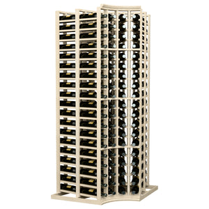Wine rack with curved corner design and deep 4-column bottle storage, light wood frame