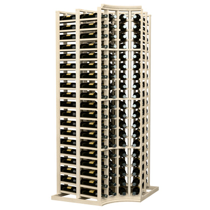 Wine rack with curved corner design and deep 4-column bottle storage, light wood frame
