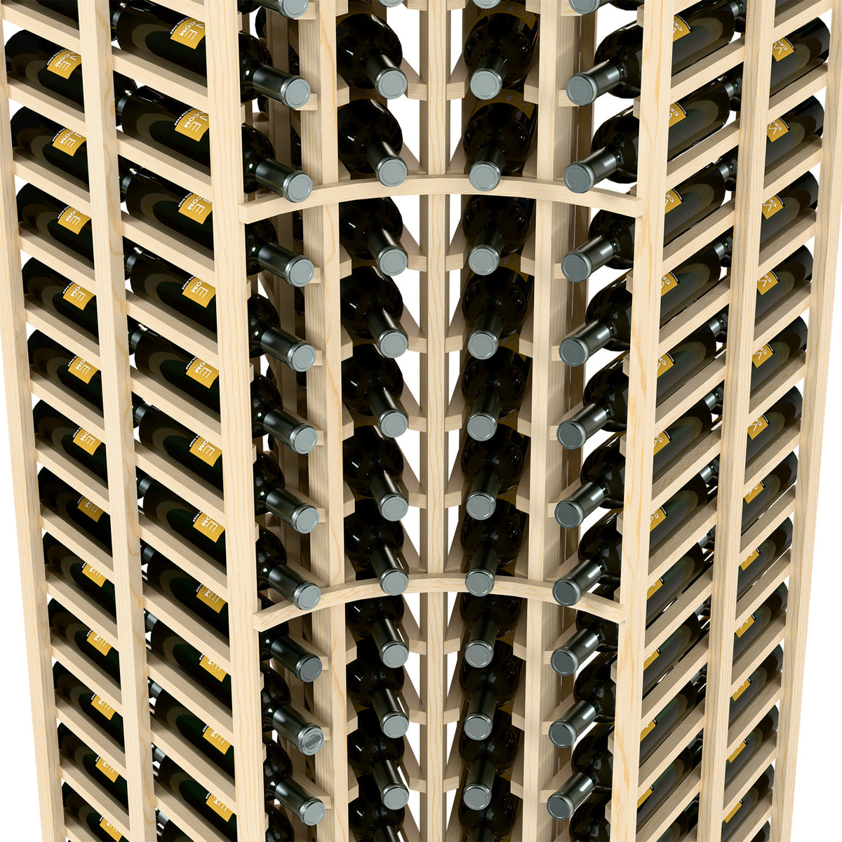 Close-up of a 4-column wine rack with bottles stored vertically, light wood frame