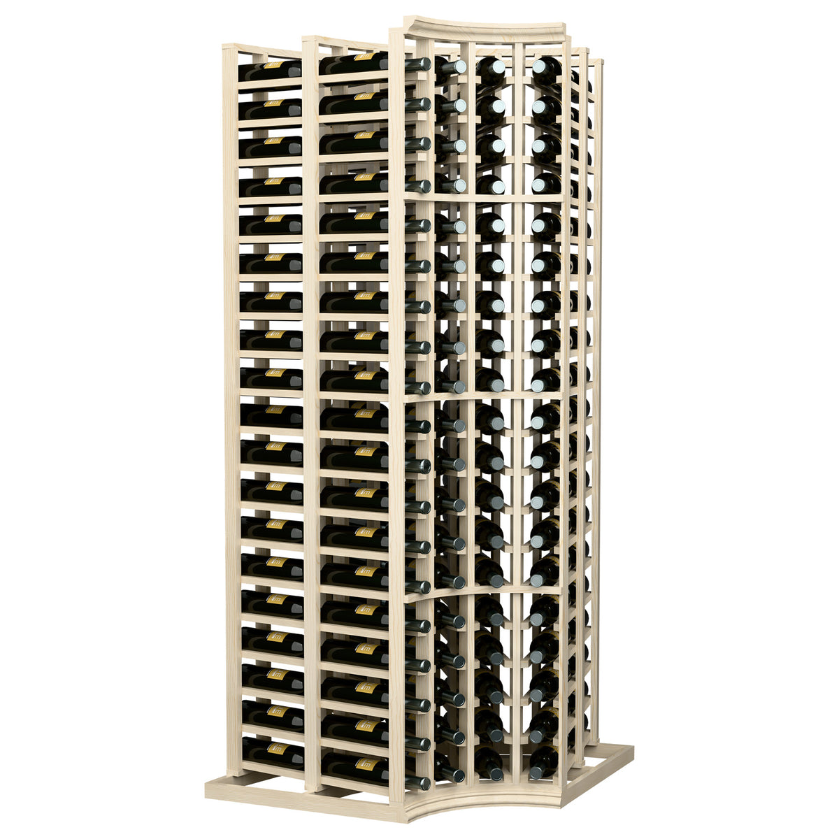 Wine rack with curved corner and deep bottle storage, light wood frame with bottle caps