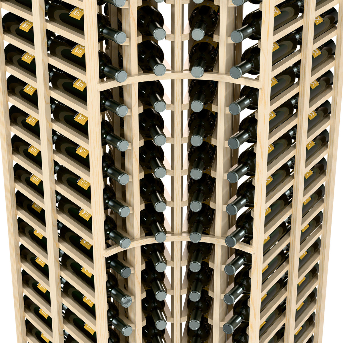 Close-up of wine rack columns filled with bottles, light wood frame and metal caps