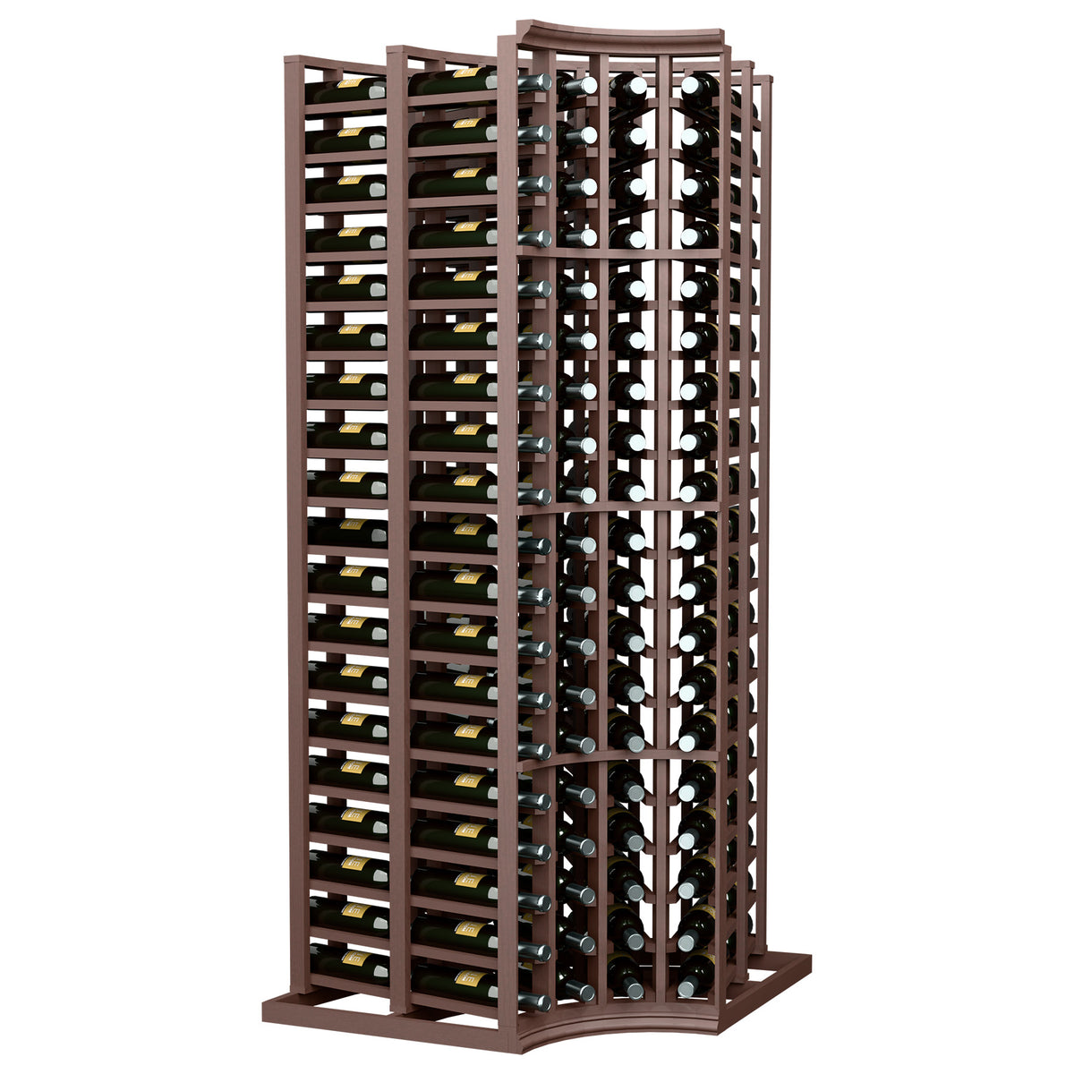 Wine rack with curved corner and deep 4-column bottle storage, dark wood frame