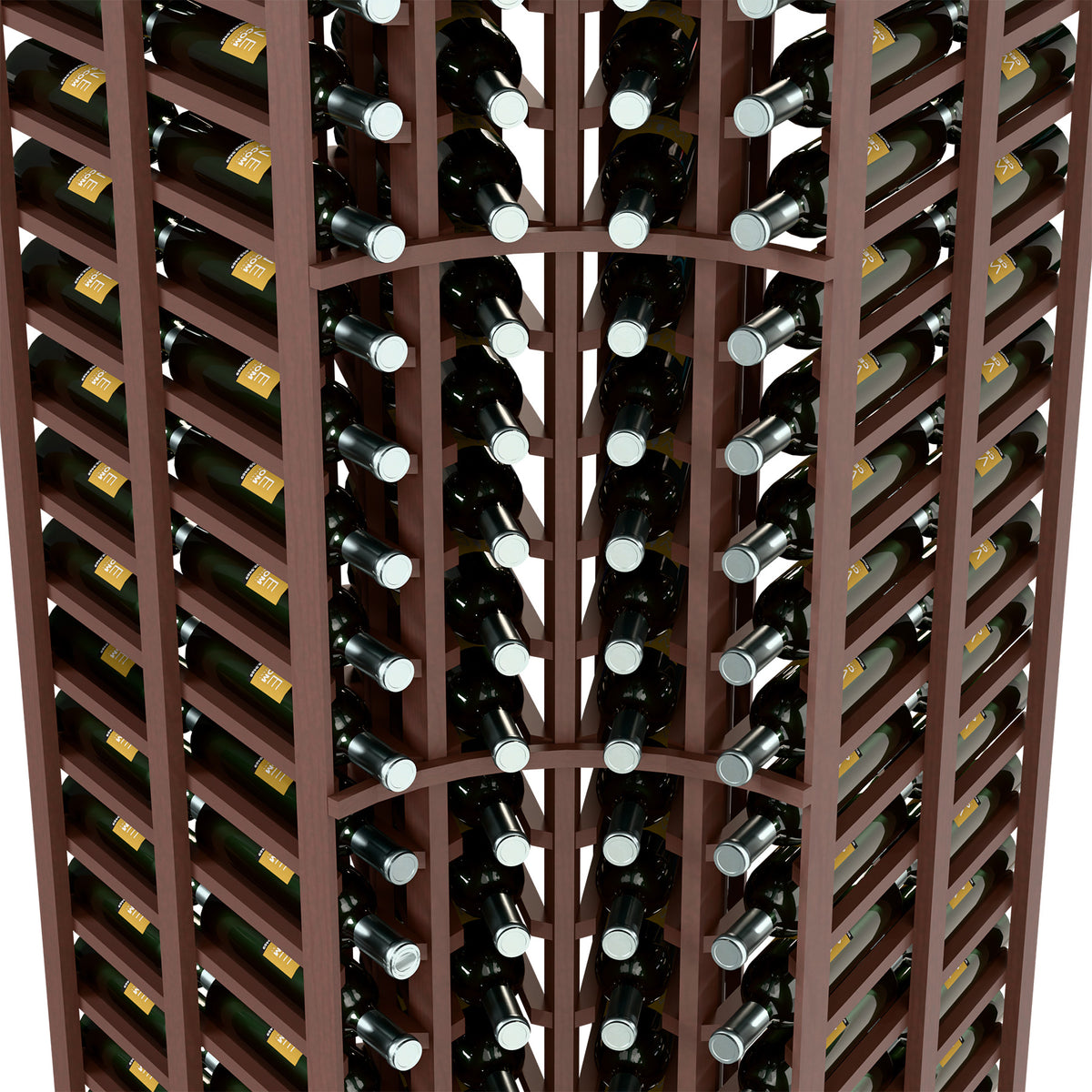 Close-up of 4-column wine rack with bottles stored vertically, dark wood frame