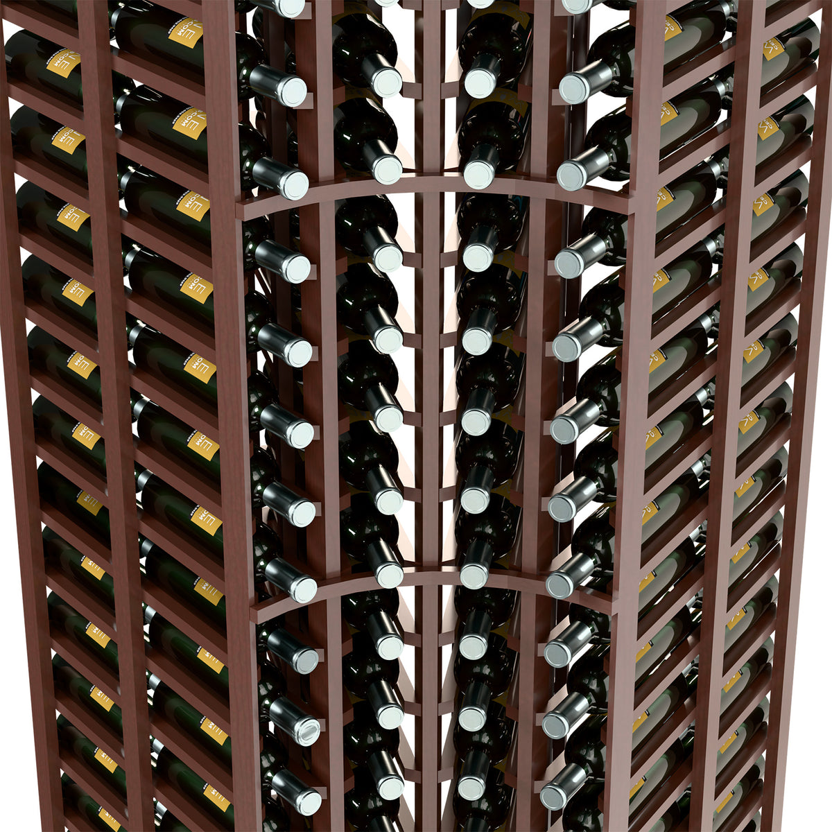 Wine rack interior with dark bottles in double-deep curved corner holders, close-up.