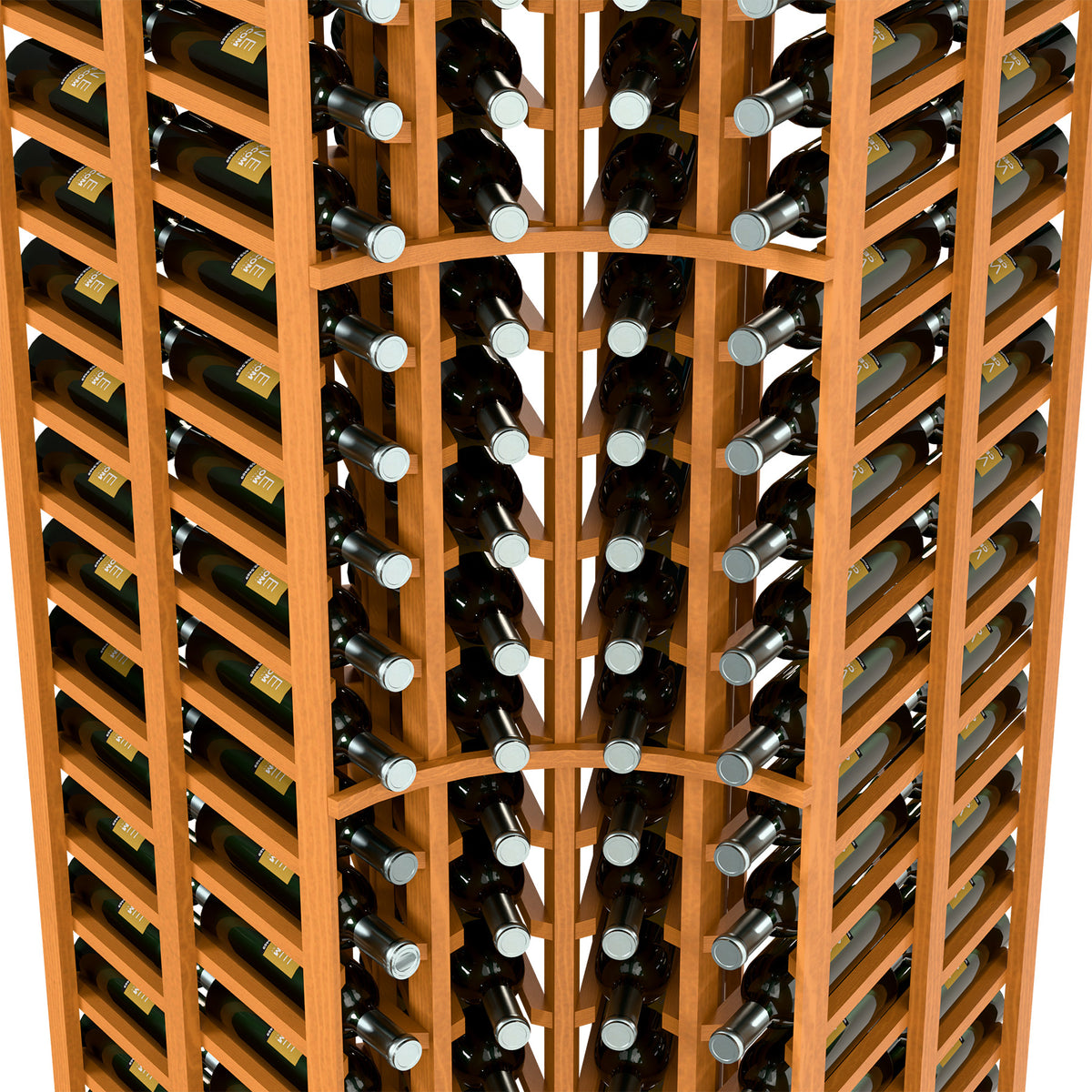 Wine rack interior with double-deep bottle slots and curved corner dividers, close-up.
