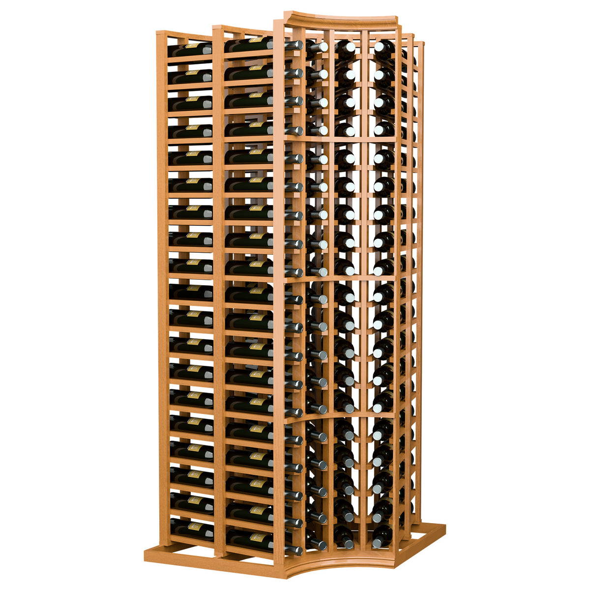 4-column curved corner double-deep wine rack with warm wood frame, full front view.