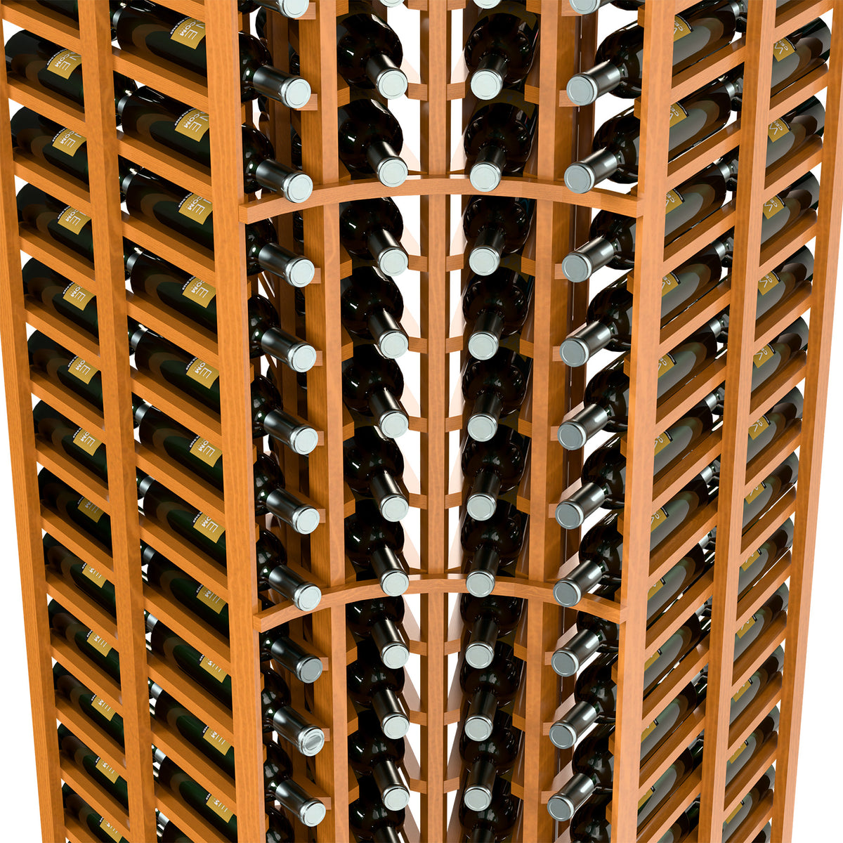 Wine rack interior with bottle holders in a curved corner, double-deep layout, close-up.