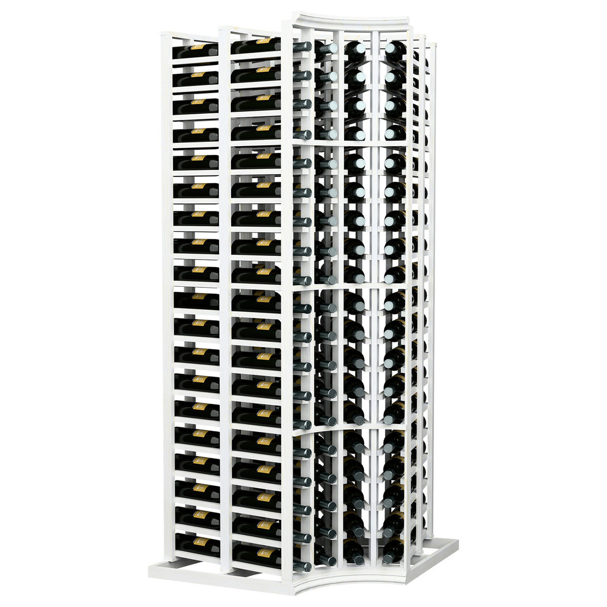 4-column curved corner double-deep wine rack with white frame, full front view.