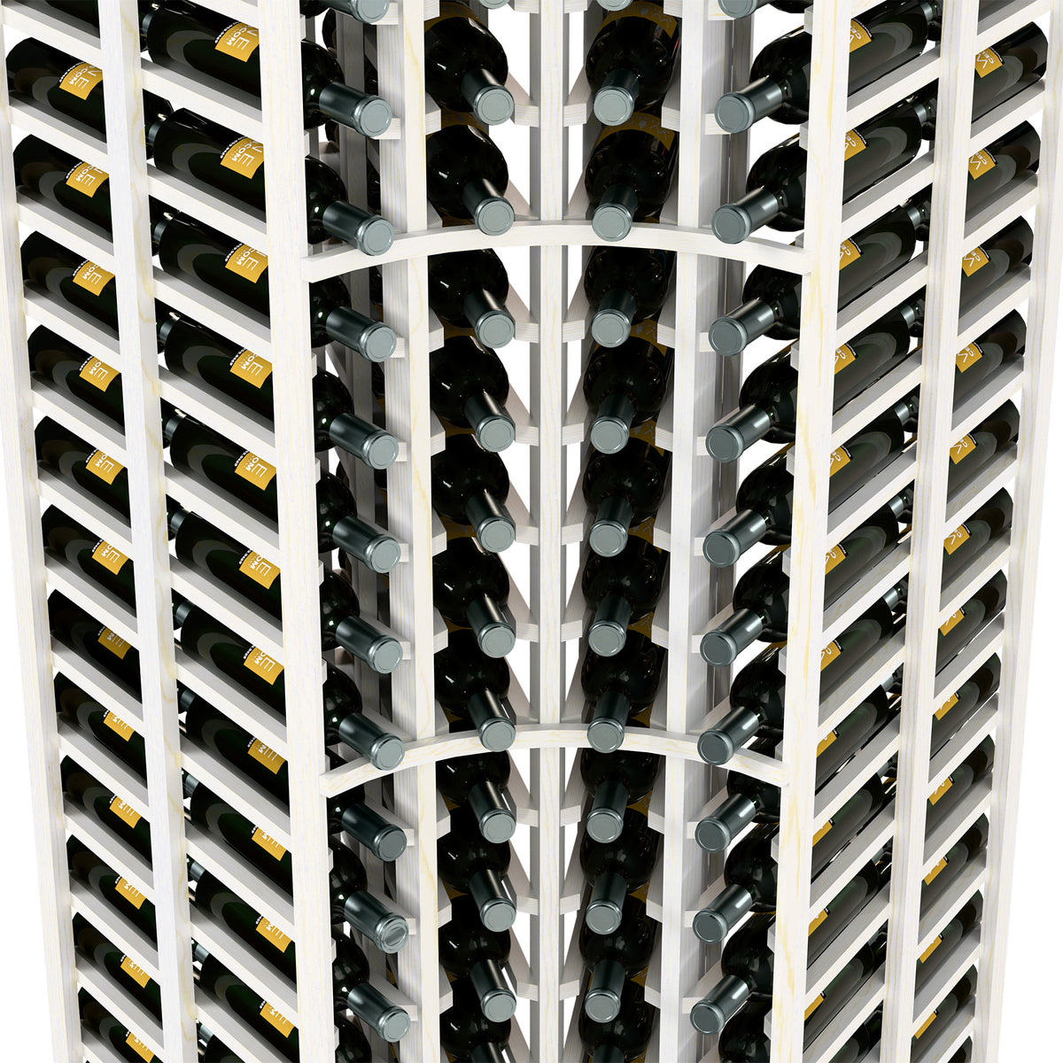 Wine rack interior with dark bottles in double-deep slots, white dividers, close-up.