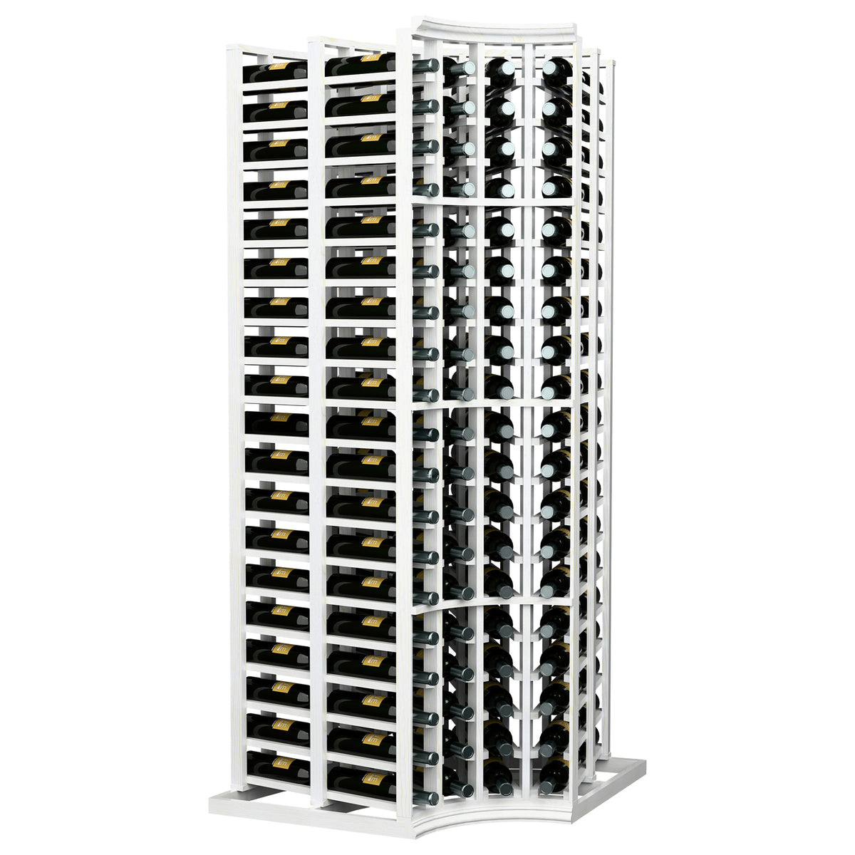 4-column curved corner double-deep wine rack with white frame, angled view.