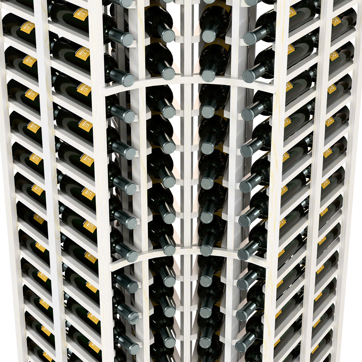 Wine rack interior with bottle holders and white dividers, double-deep curved corner close-up.