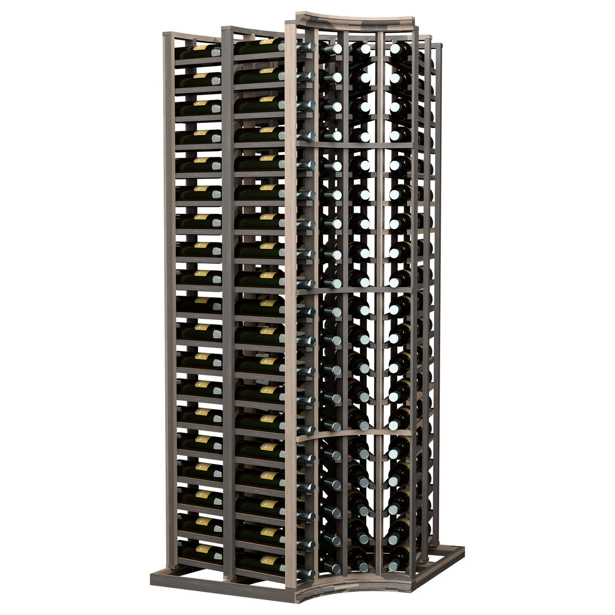 Curved-corner wine bottle rack with double-deep cells and dark metal bottle holders