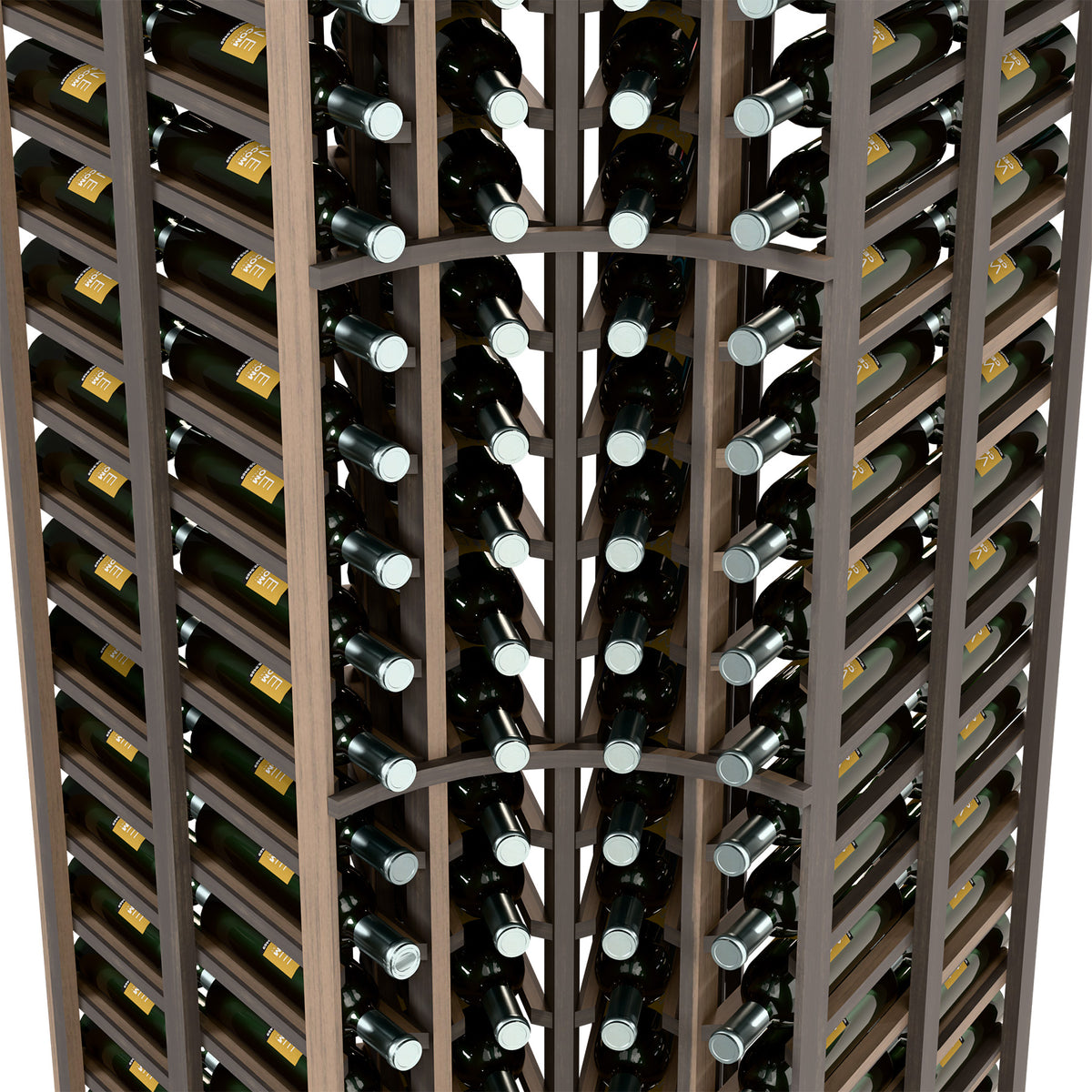 Close-up of wine bottle holders in a curved-corner double-deep rack, dark frame