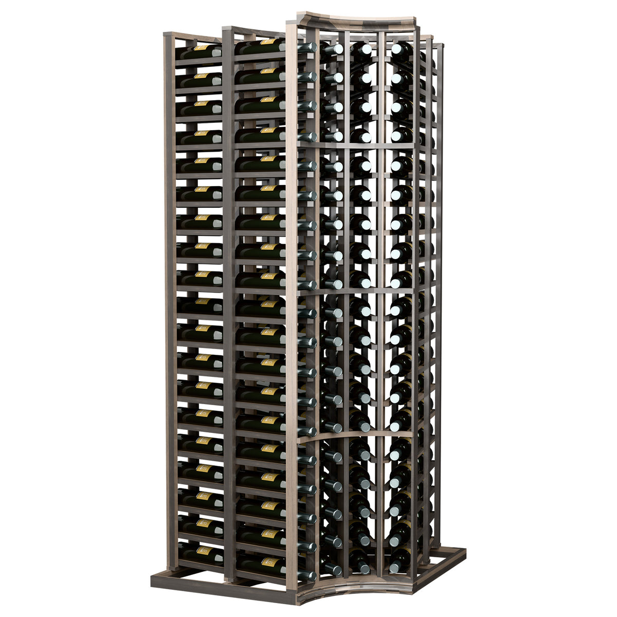 Curved-corner wine bottle rack with double-deep storage and dark frame, freestanding