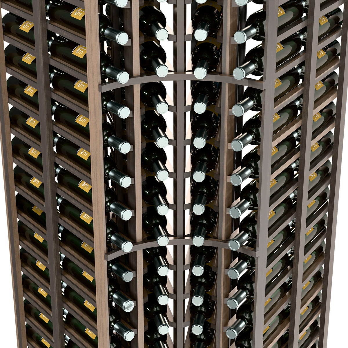 Interior view of dark curved-corner wine rack with double-deep bottle rows