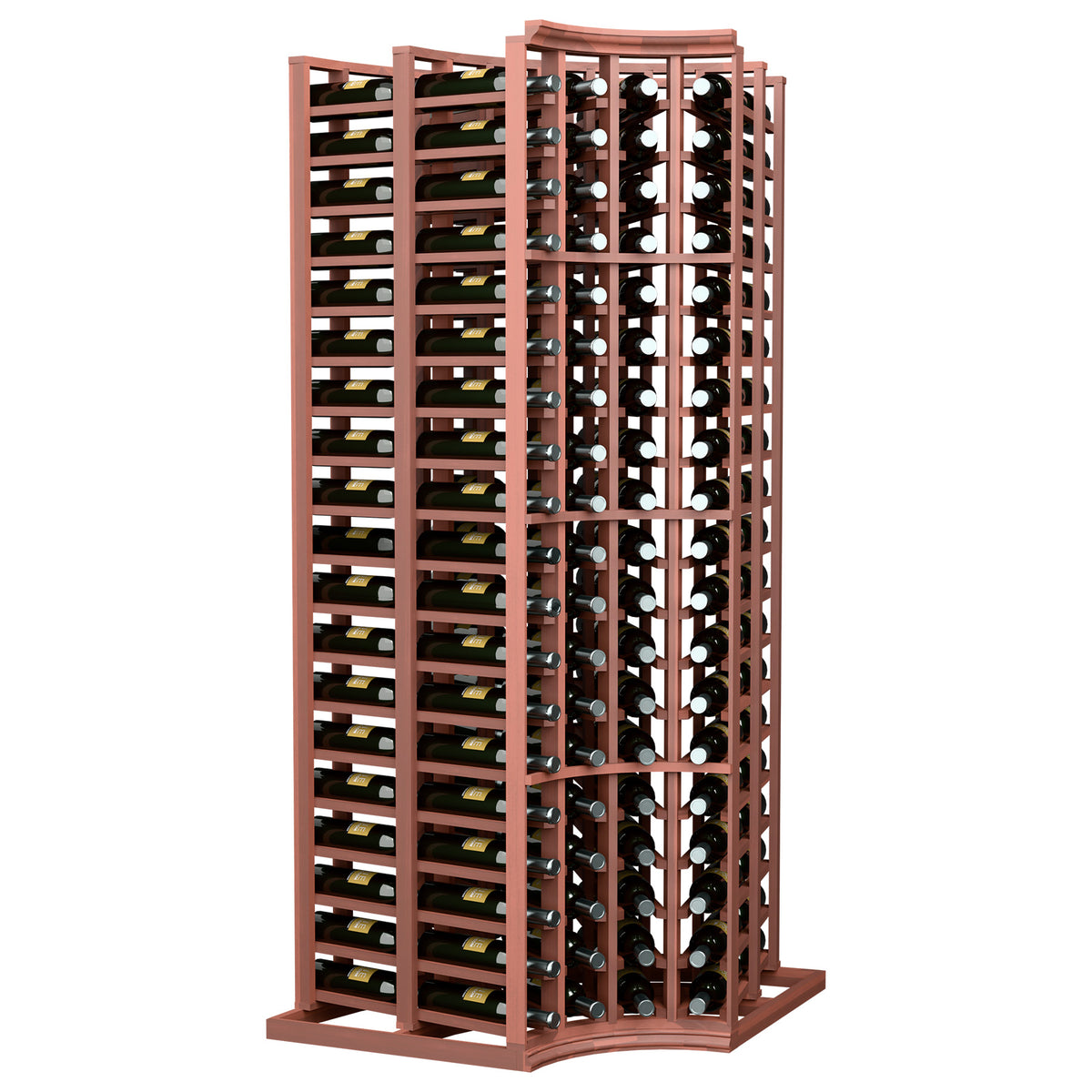 Curved-corner wine bottle rack with double-deep storage and reddish wood frame