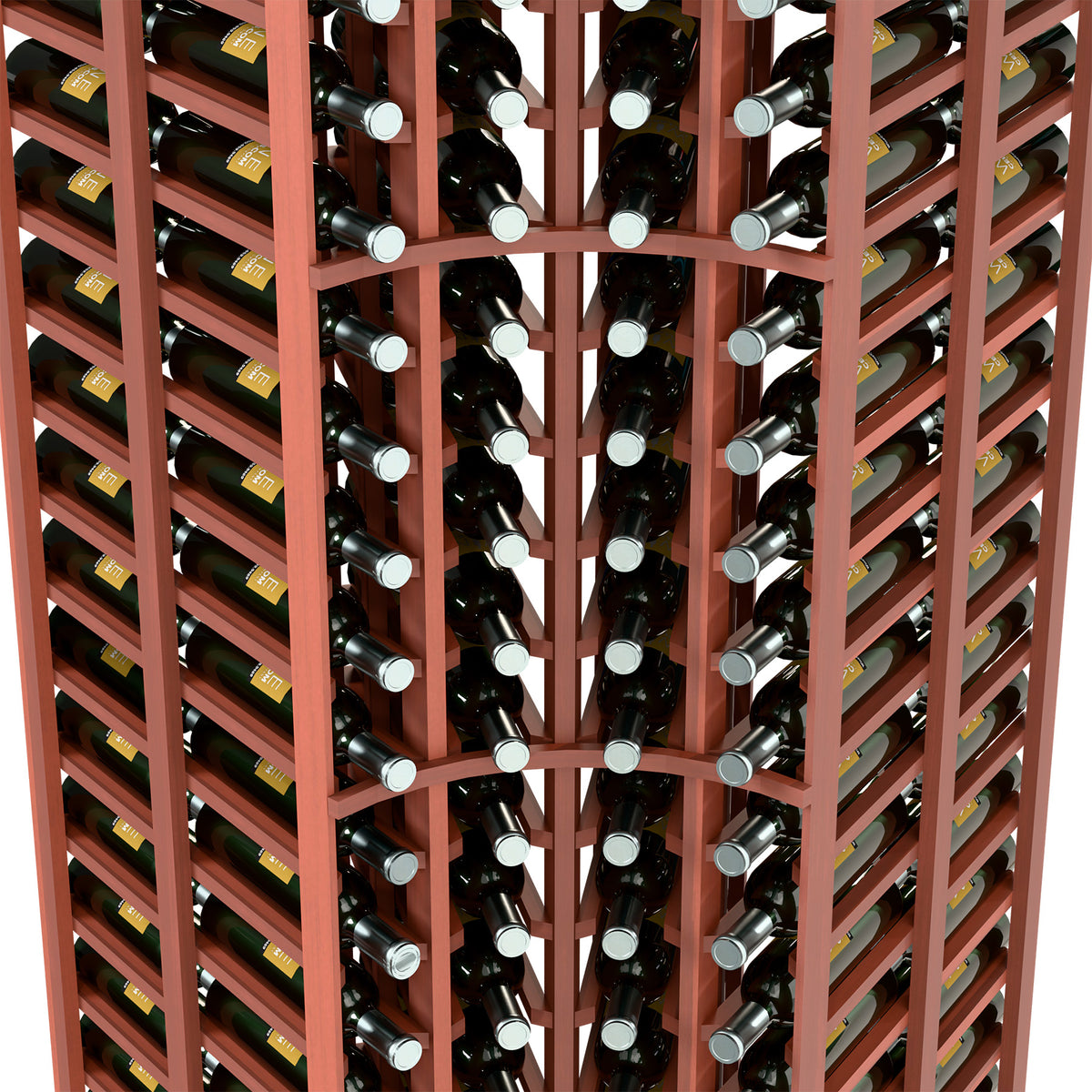 Close-up of wine bottle holders in a curved-corner double-deep rack, reddish frame