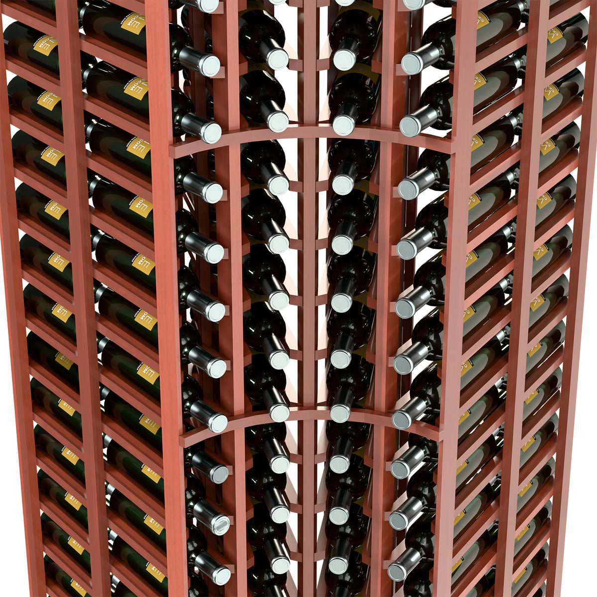 Interior view of reddish curved-corner wine rack with double-deep bottle rows
