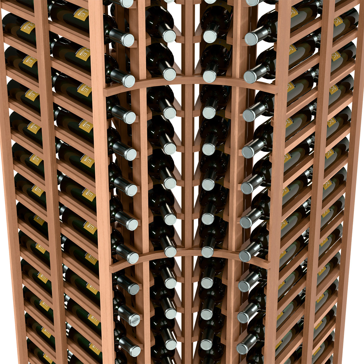 Close-up of wine bottle holders in a light brown curved-corner double-deep rack