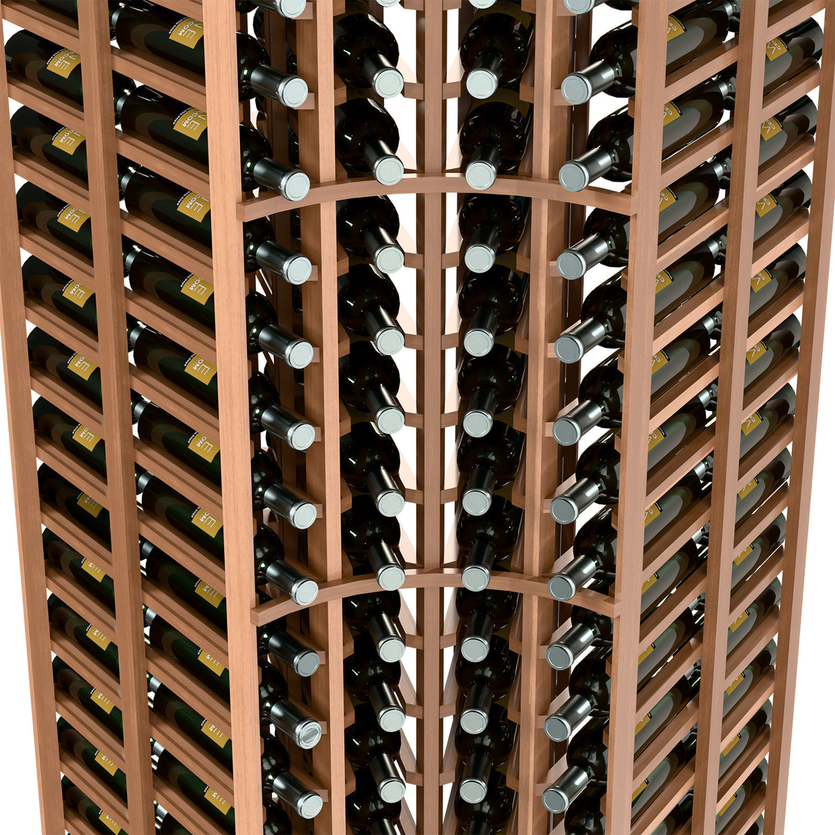 Curved-corner wine bottle rack detail; light wood slots holding black and clear bottles