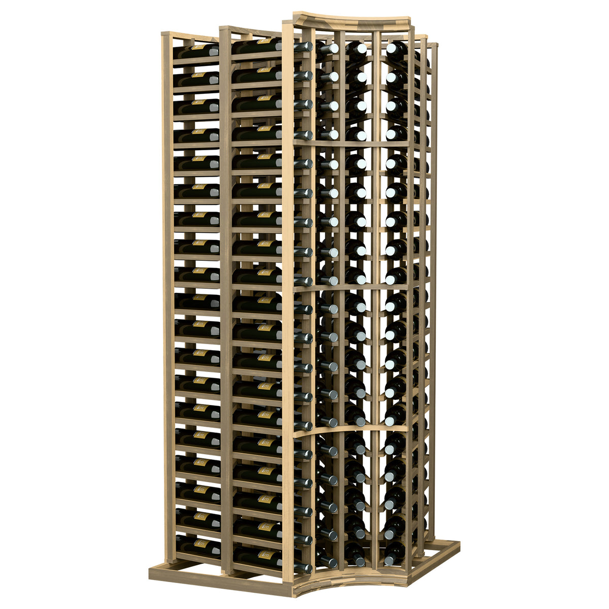 Wine bottle rack with curved corner and double-deep rows; light wood frame standing