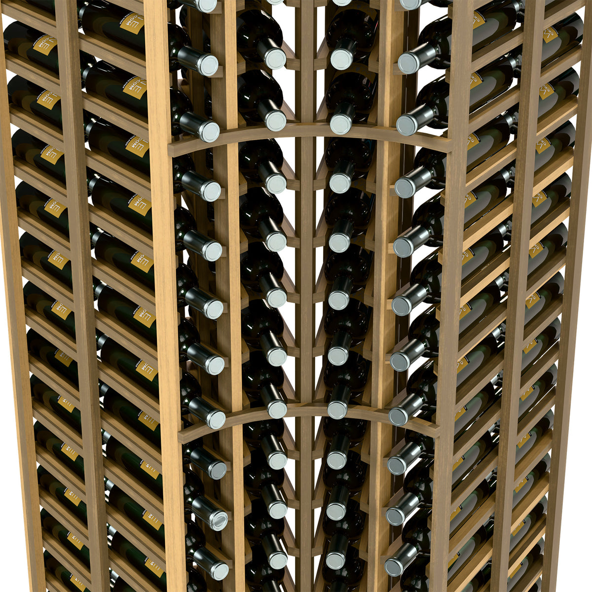 Wine rack close-up: light wood lattice with double-deep bottle slots and bottle necks