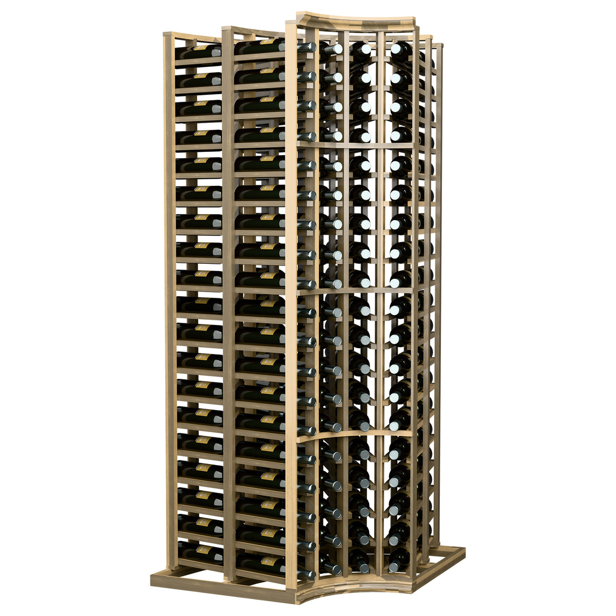 Curved-corner double-deep wine bottle rack; light wood frame with capped bottles