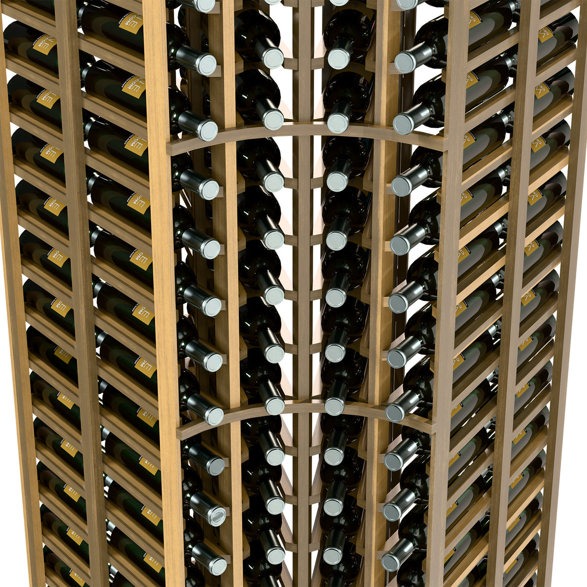 Double-deep wine bottle rack detail; light wood dividers holding bottle rows