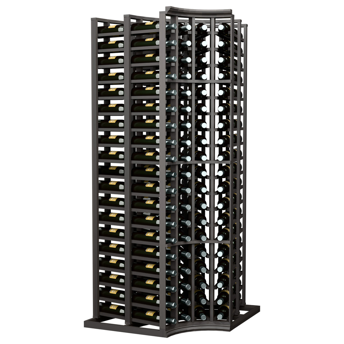 Wine bottle rack with curved corner, double-deep storage; dark wood frame with bottles