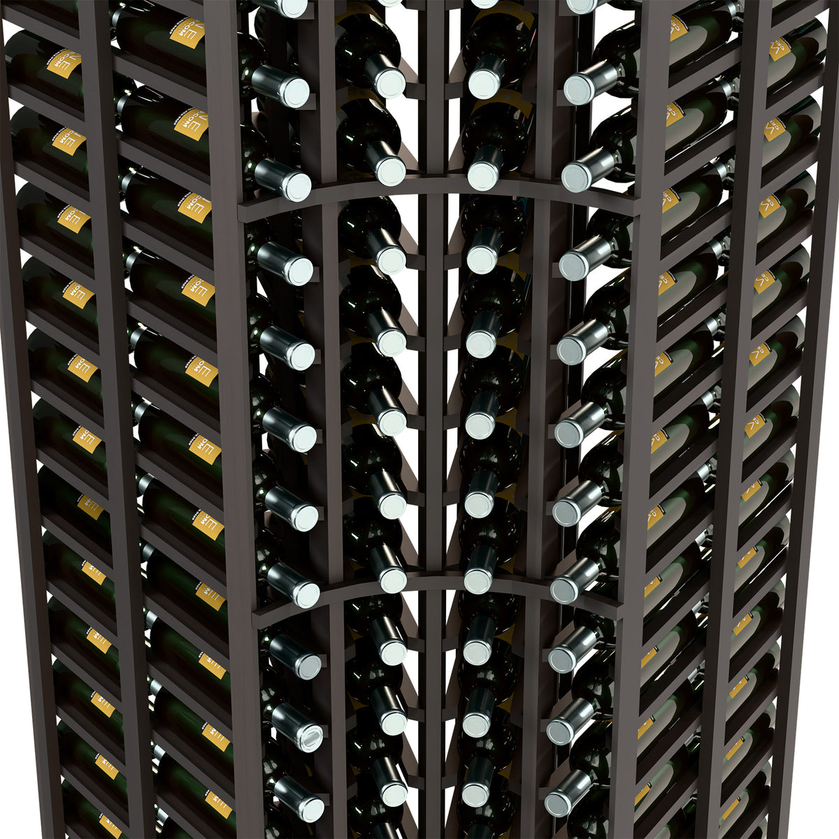 Curved-corner wine rack close-up; dark wood slots holding black bottles and clear caps