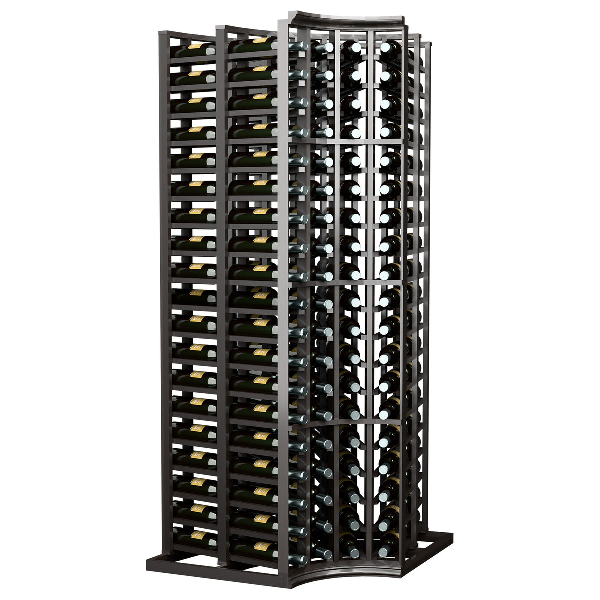 Curved-corner double-deep wine bottle rack; dark wood frame with bottle rows
