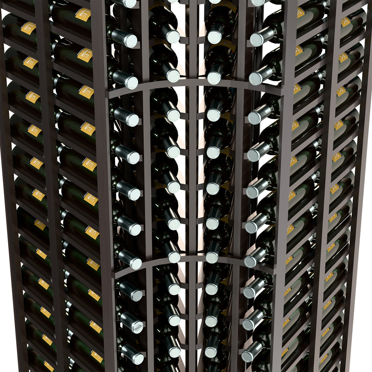 Wine rack detail: dark wood lattice with double-deep bottle slots and bottle necks