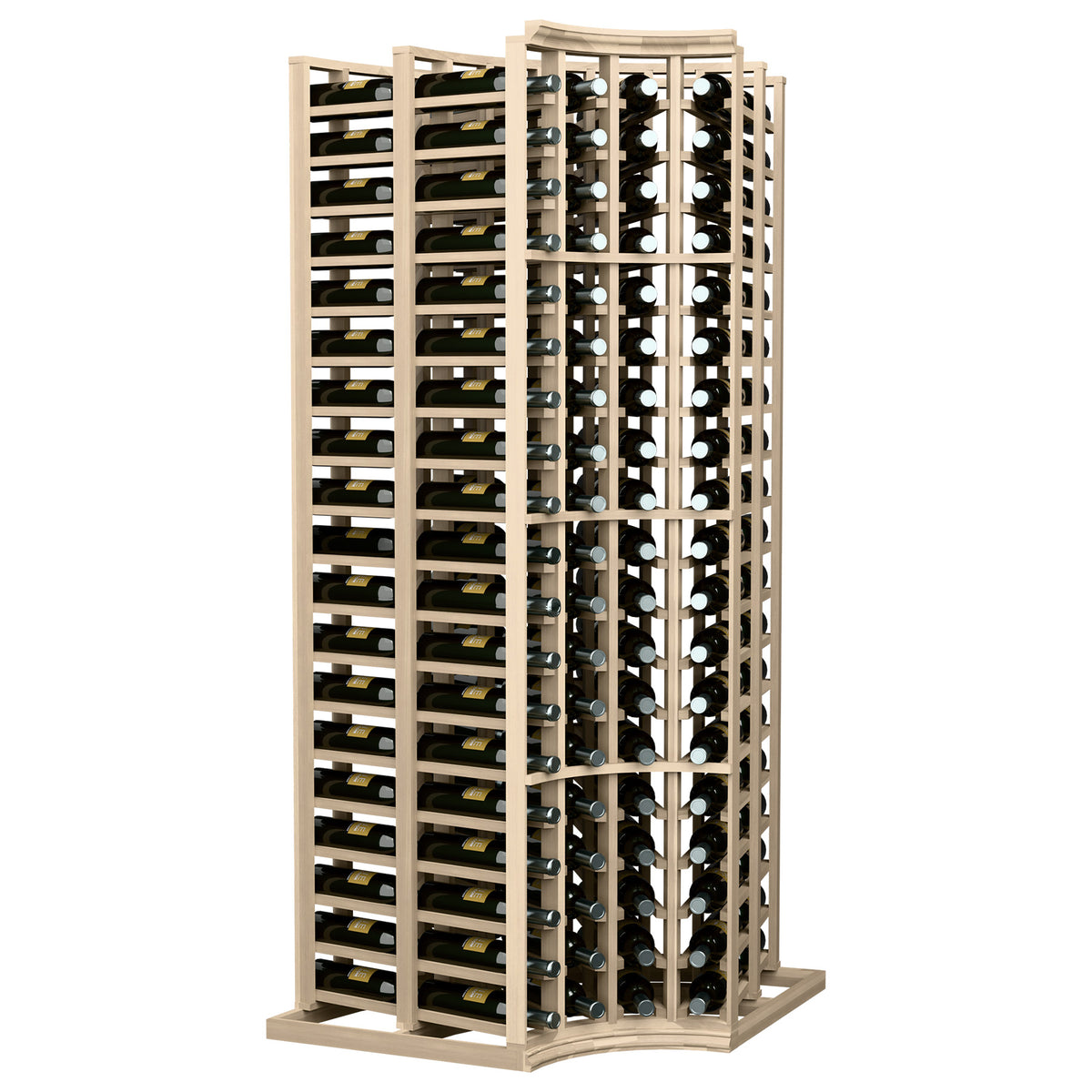 4-column curved corner wine rack with deep storage, light wood frame and bottle slots