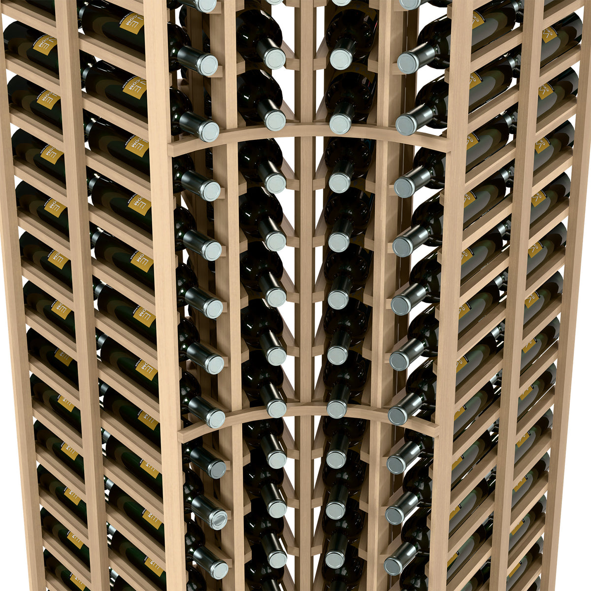 Curved corner wine rack interior view with bottle neck holders and light wood grid