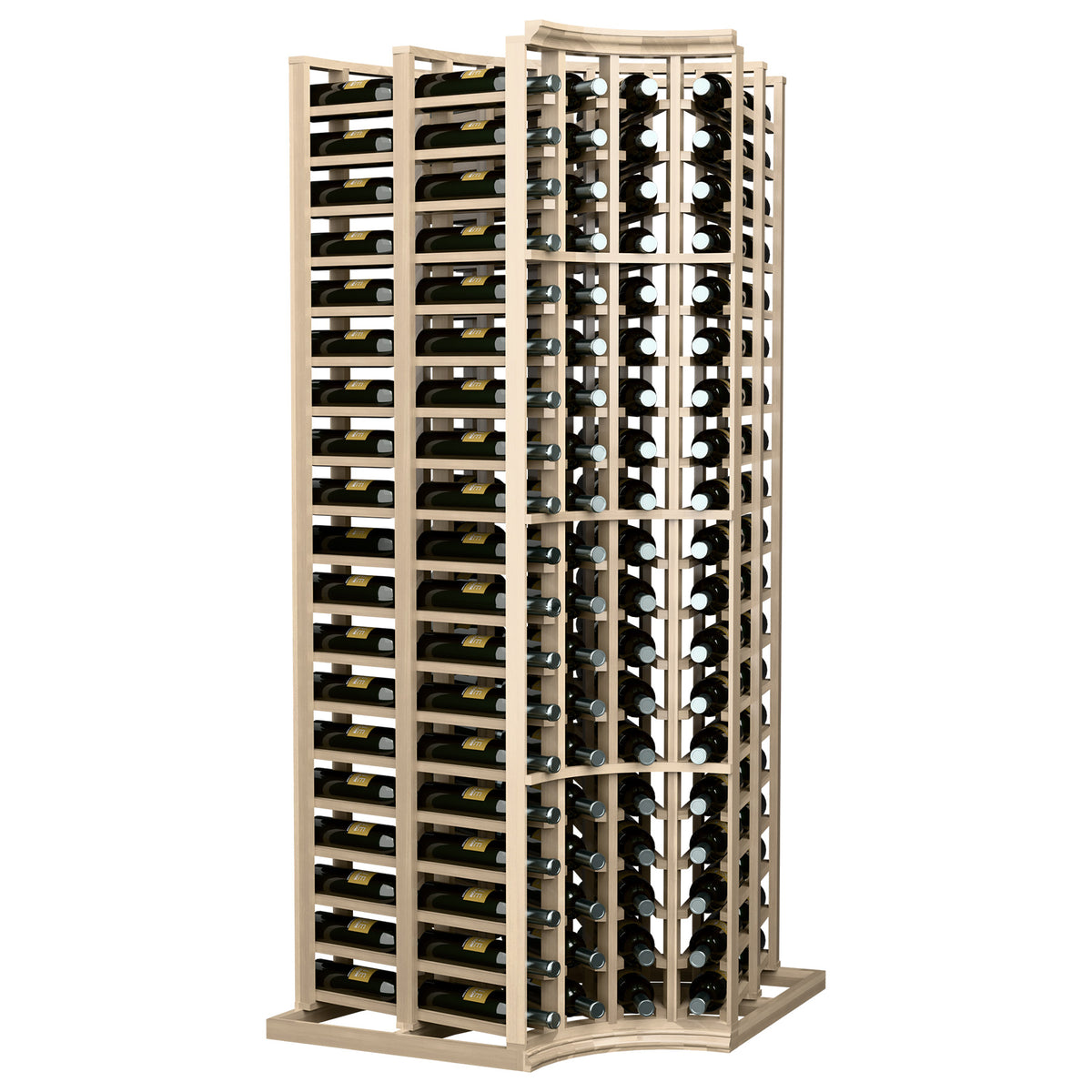 4-column curved corner wine rack with deep bottle storage, light wood frame on base