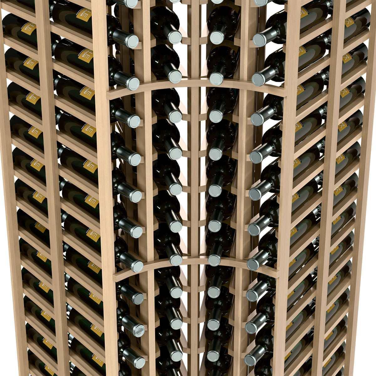 Wine rack bottle storage close-up showing bottle slots and light wood dividers