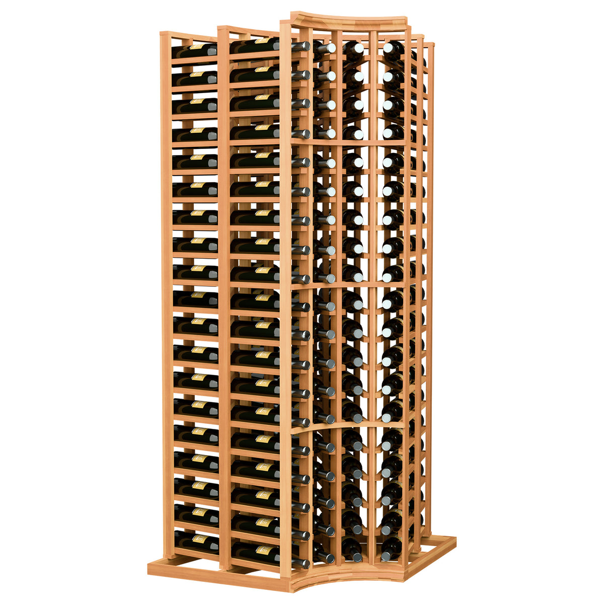 4-column curved corner wine rack with deep storage, warm wood frame and bottle slots