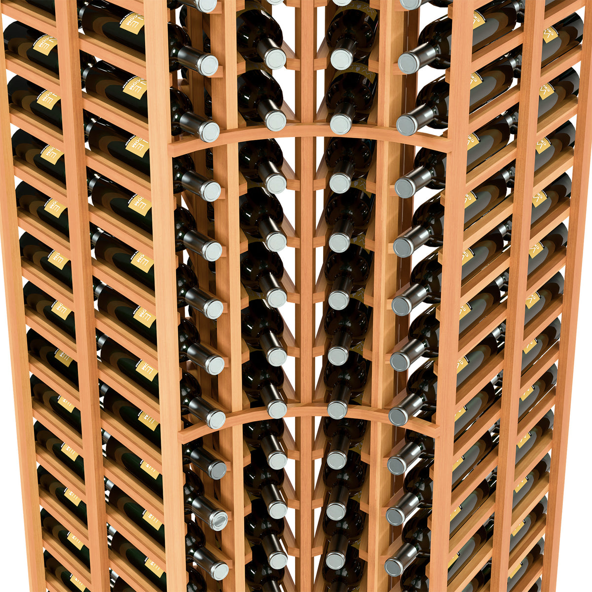 Warm wood wine rack interior close-up with bottle neck holders and side dividers