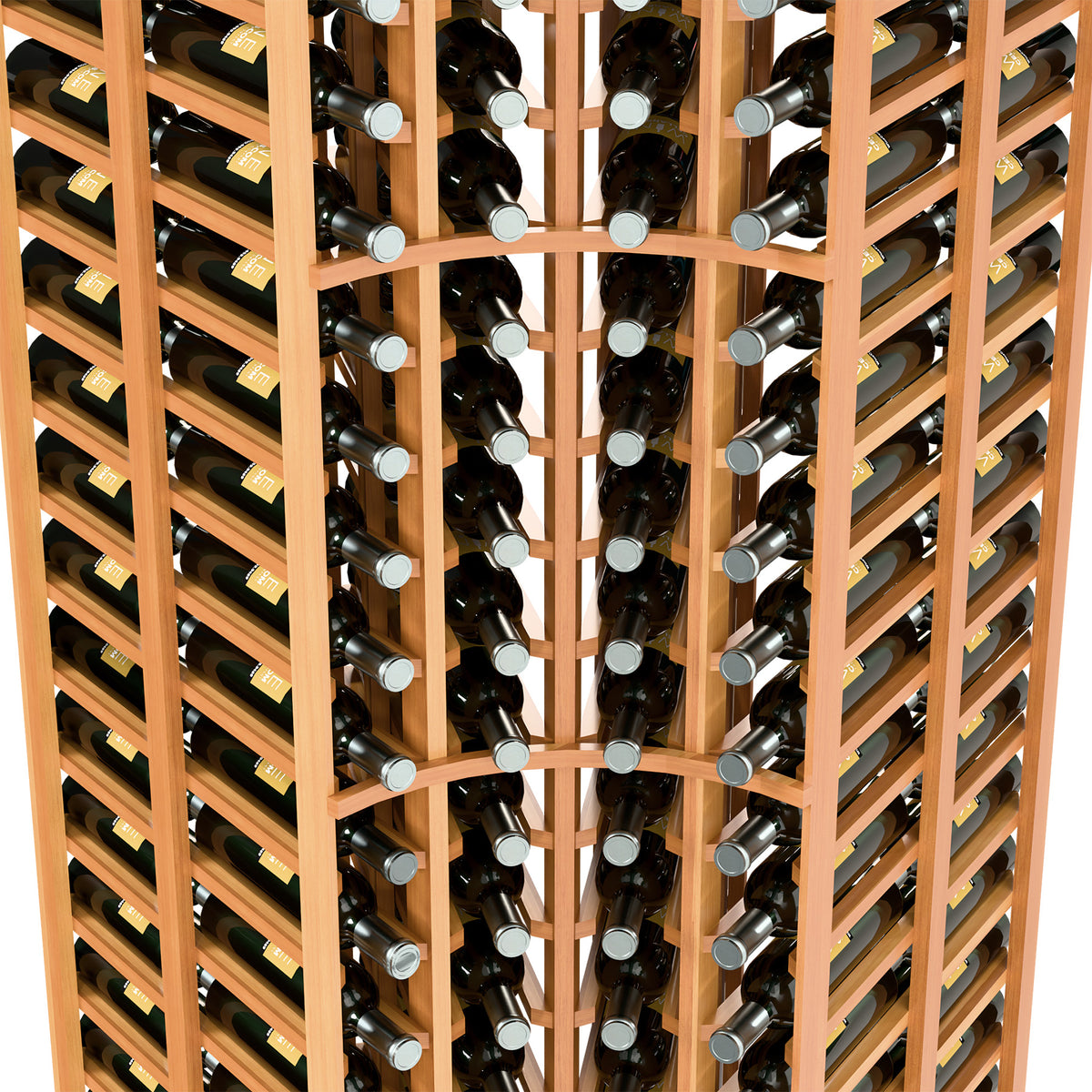 Warm wood wine rack bottle storage close-up with bottle slots and grid dividers