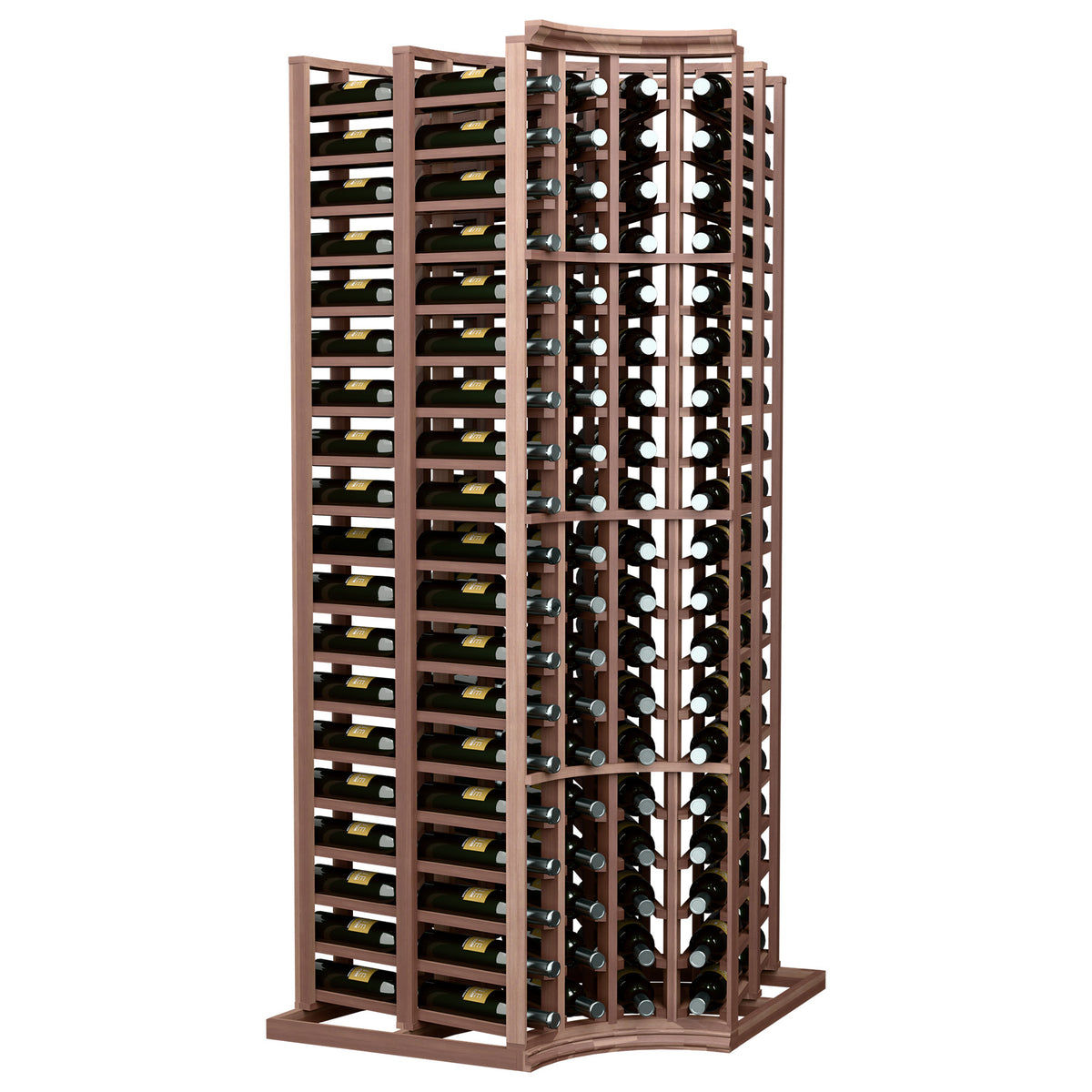 4-column curved corner wine rack with deep bottle storage, dark wood frame and bottle slots