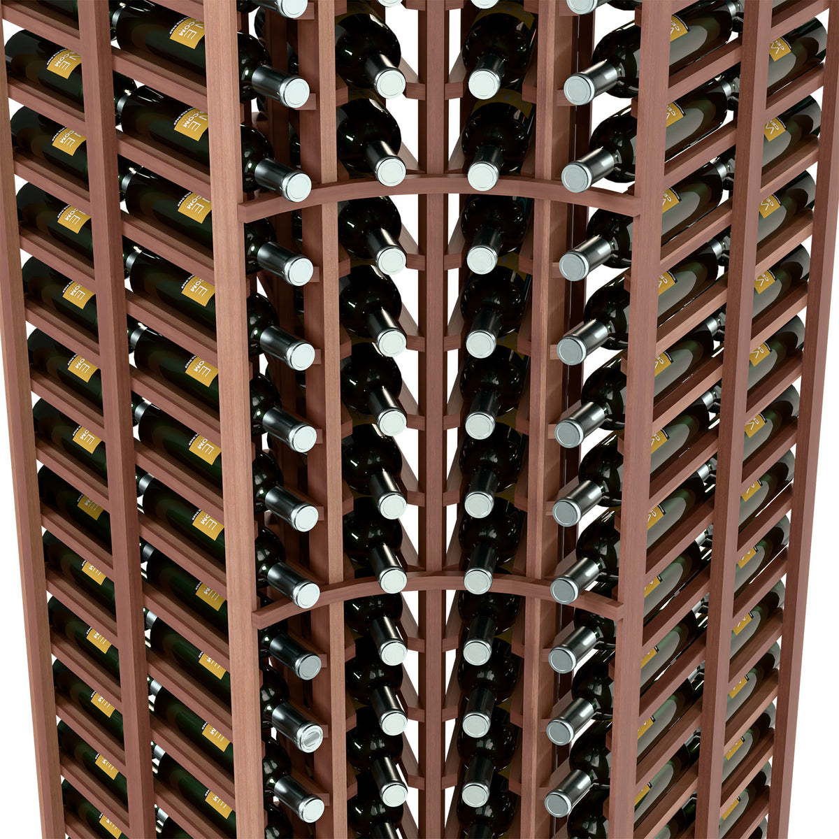 Dark wood wine rack interior close-up showing bottle slots and bottle neck holders