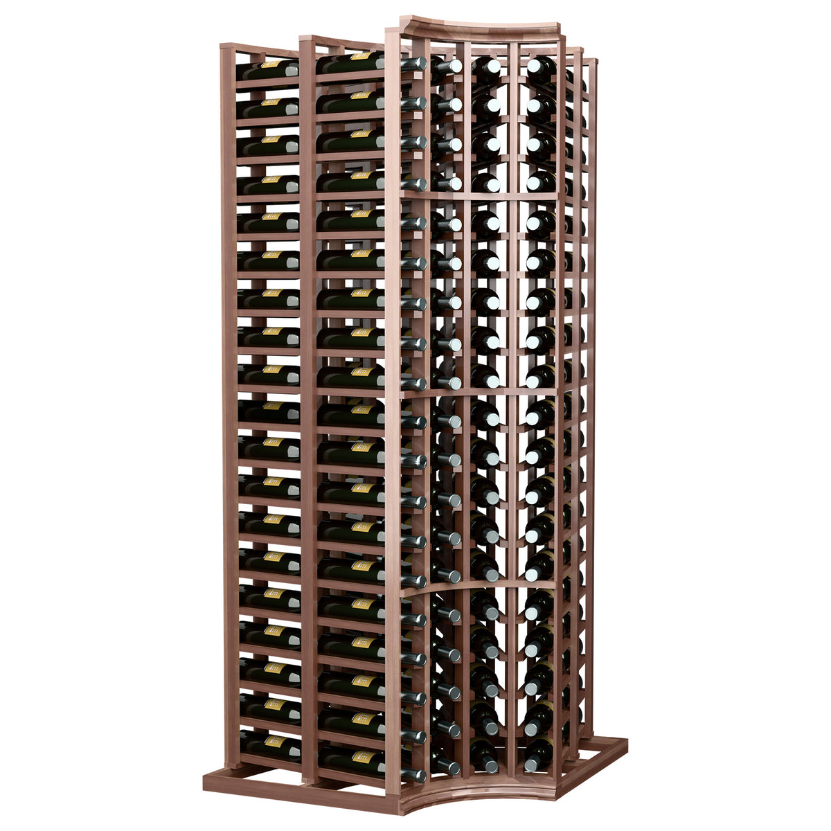 4-column curved corner wine bottle rack with dark wood frame, double-deep slots