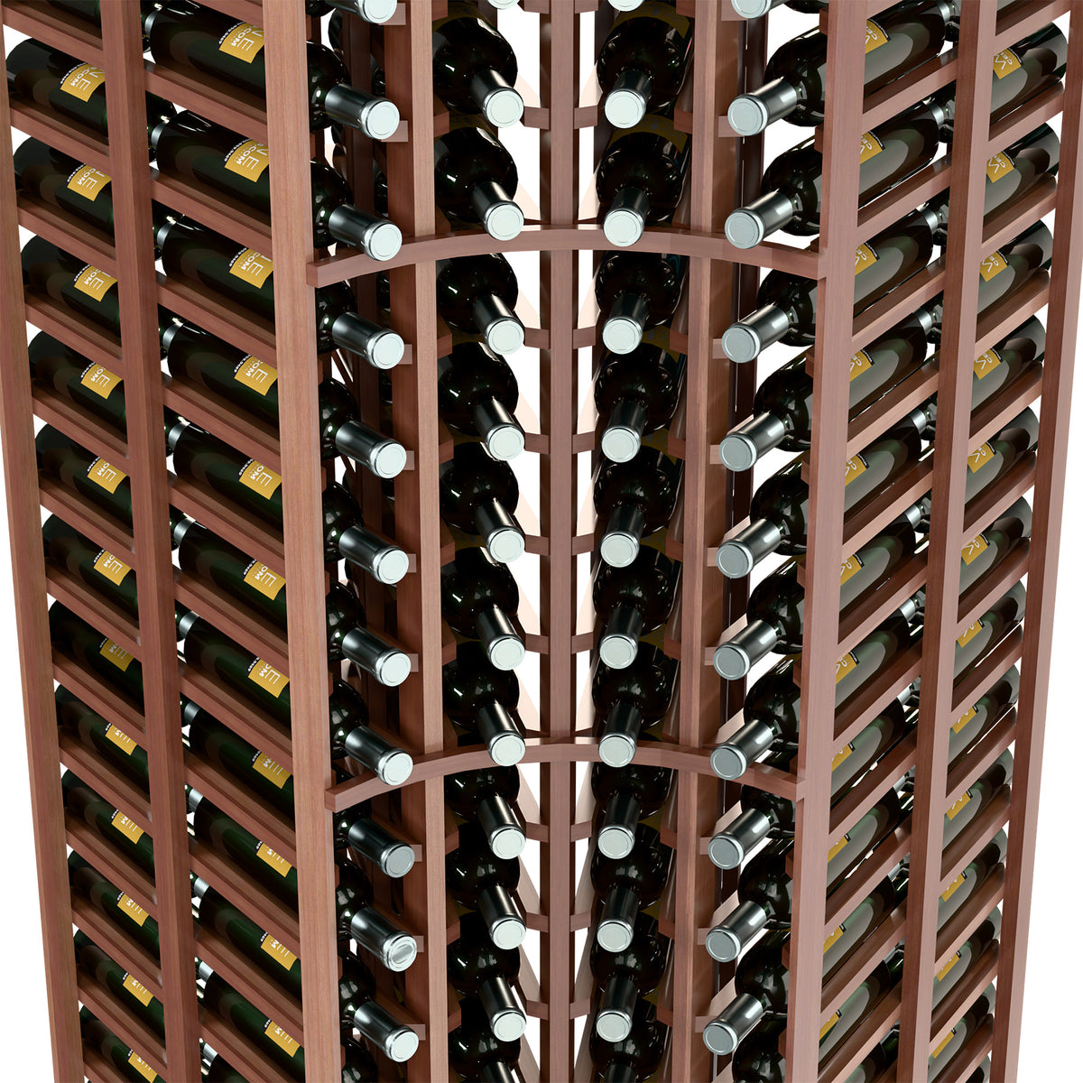 Curved corner wine bottle rack close-up, dark wood grid holding wine bottles