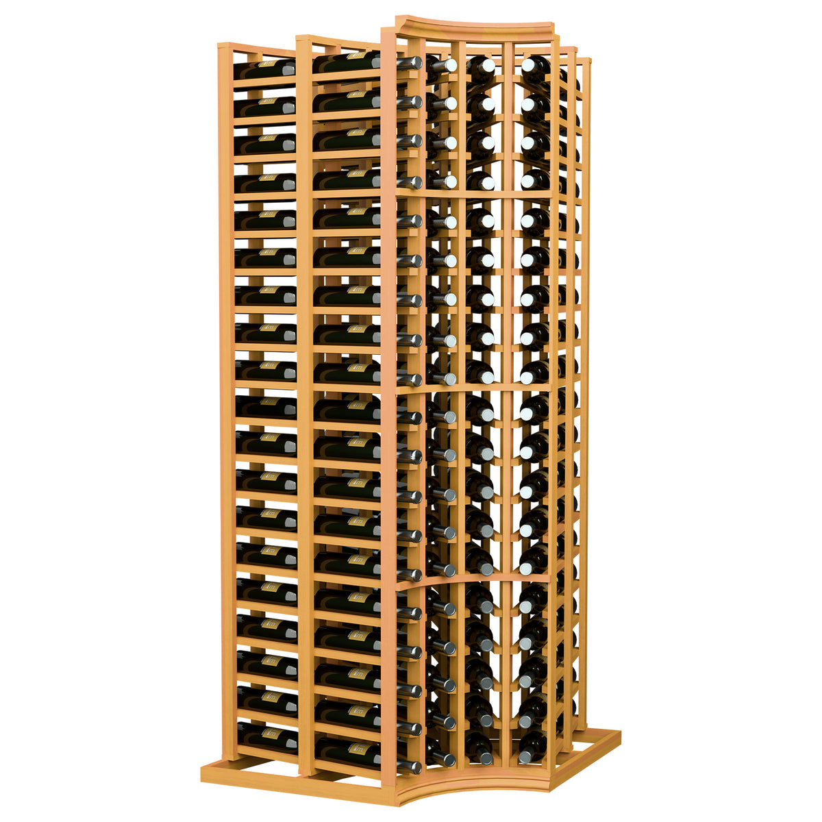 4-column curved corner wine bottle rack with light wood frame, double-deep bottle slots